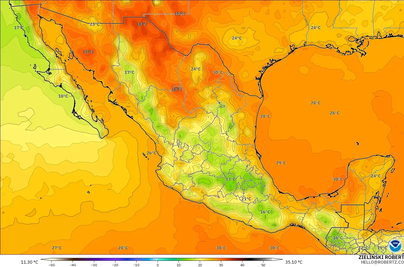 GFS model - Mexico, Suhu pada 2 m