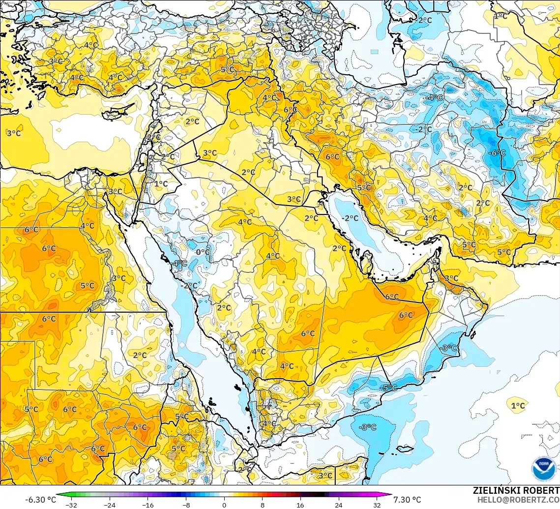 GFS model - Timur Tengah, Anomali Suhu 2 m