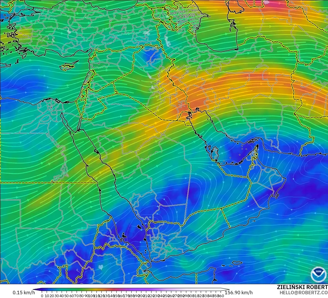 GFS model - Timur Tengah, Angin 300 hPa (aliran jet)