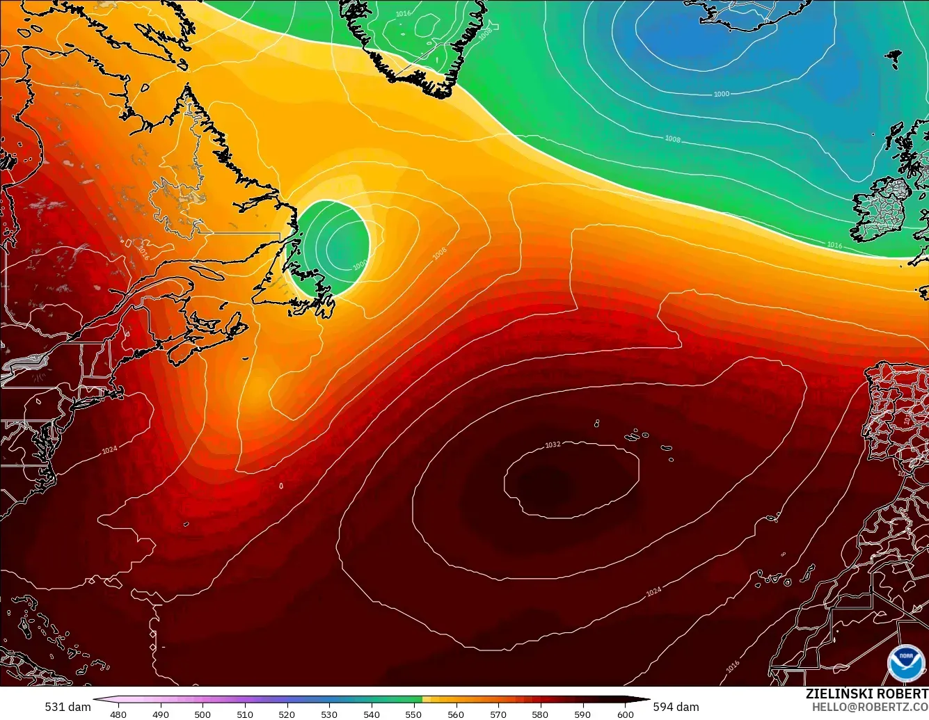 GFS model - Atlantik Utara, Ketinggian geopotensial pada 500 hPa