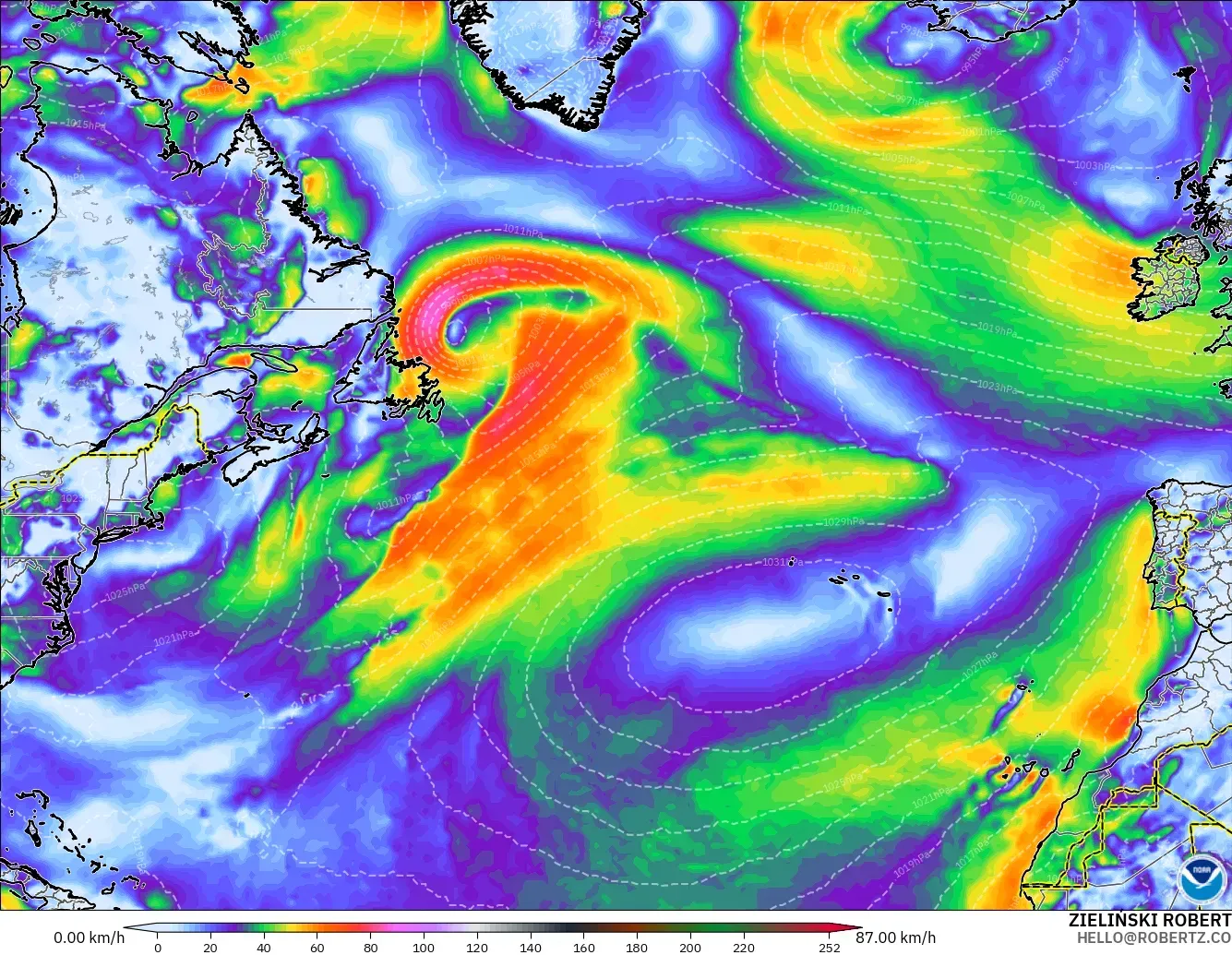 GFS model - Atlantik Utara, Hembusan Tertinggi