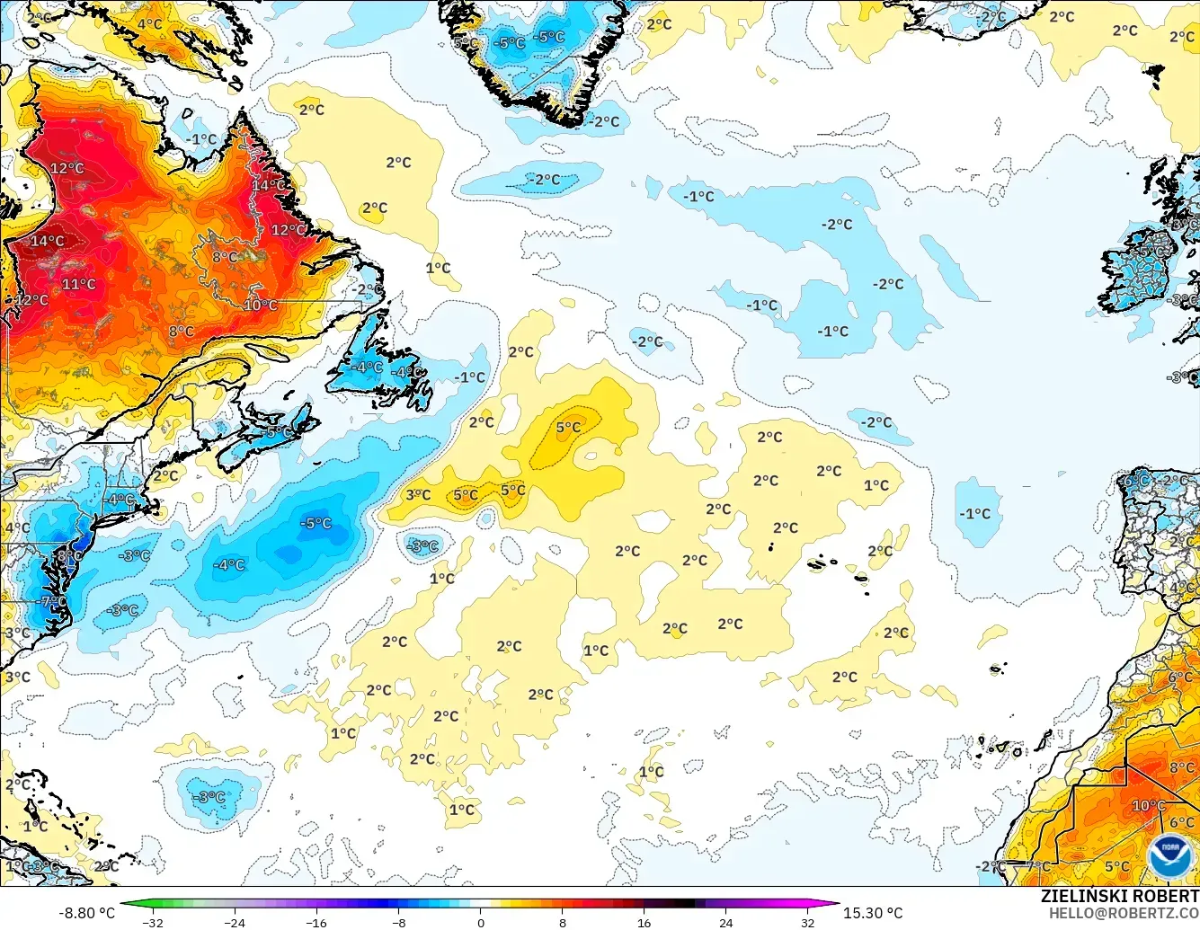 GFS model - Atlantik Utara, Anomali Suhu 2 m