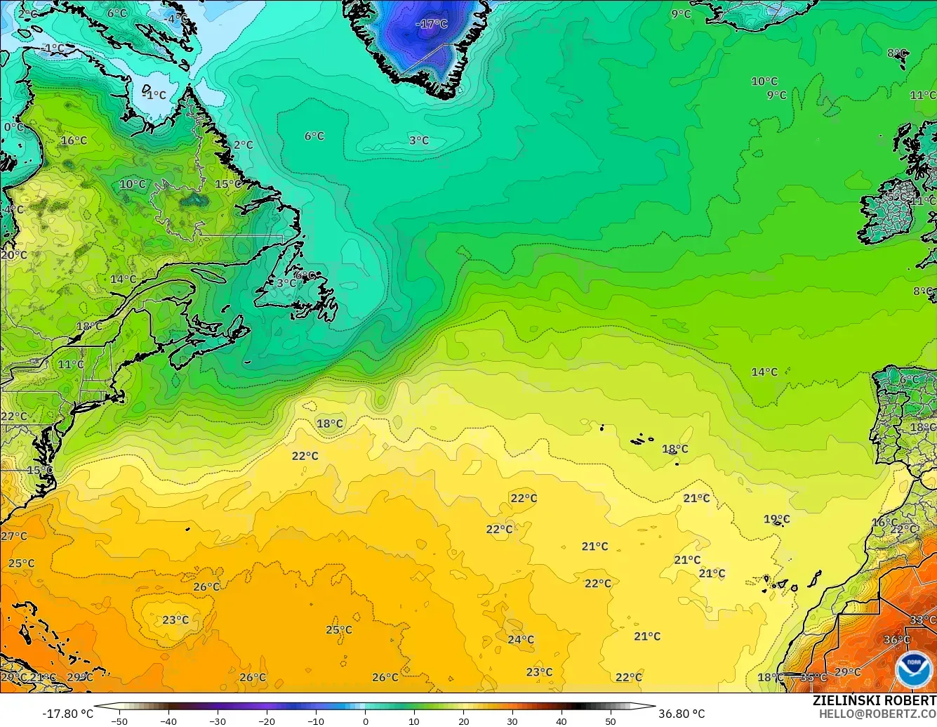 GFS model - Atlantik Utara, Suhu pada 2 m
