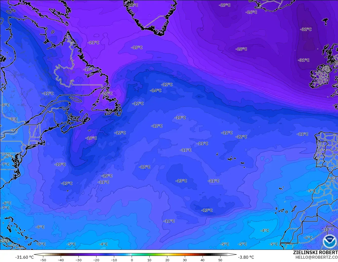 GFS model - Atlantik Utara, Suhu 500 hPa