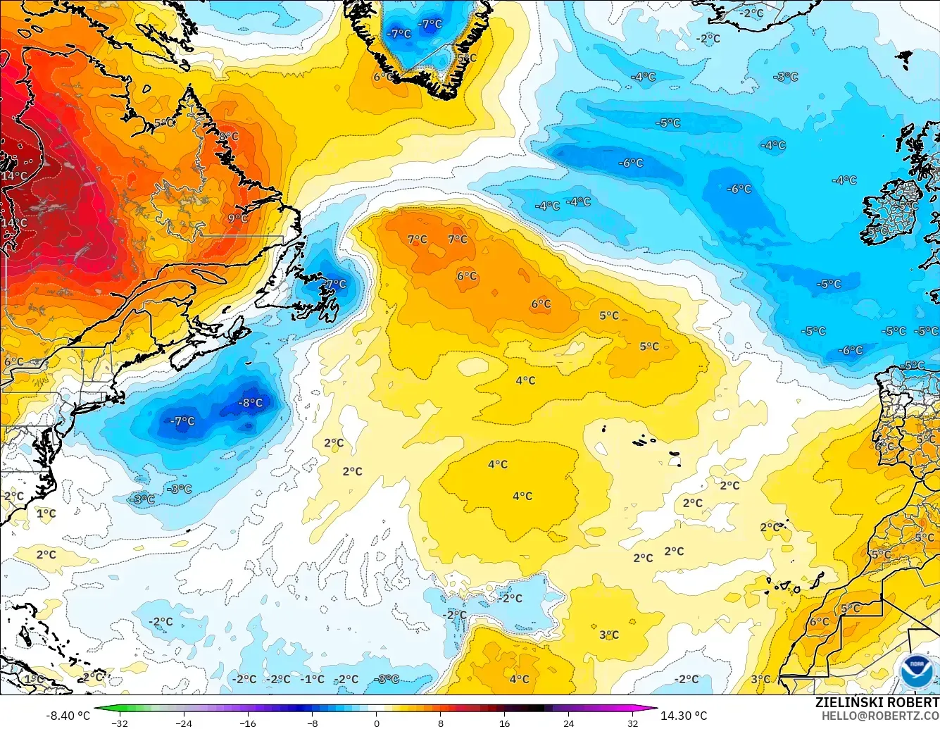 GFS model - Atlantik Utara, Anomali Suhu 850 hPa