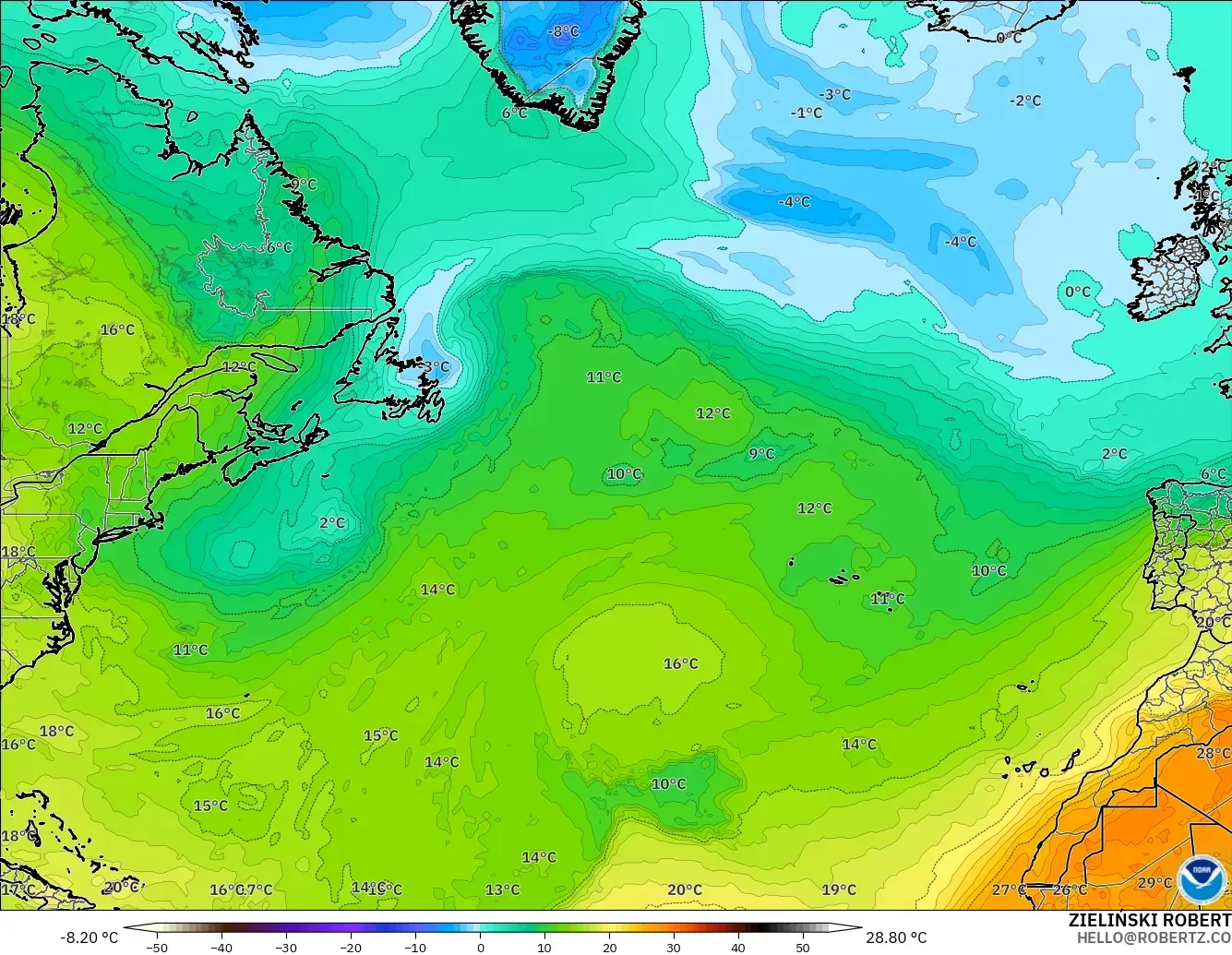 GFS model - Atlantik Utara, Suhu 850 hPa