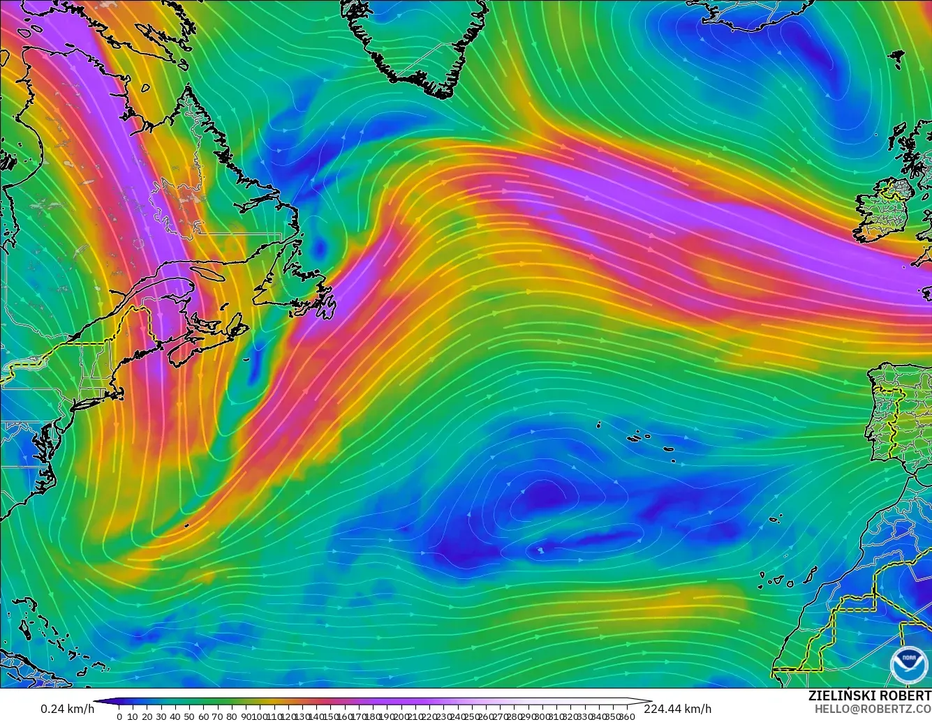 GFS model - Atlantik Utara, Angin 300 hPa (aliran jet)
