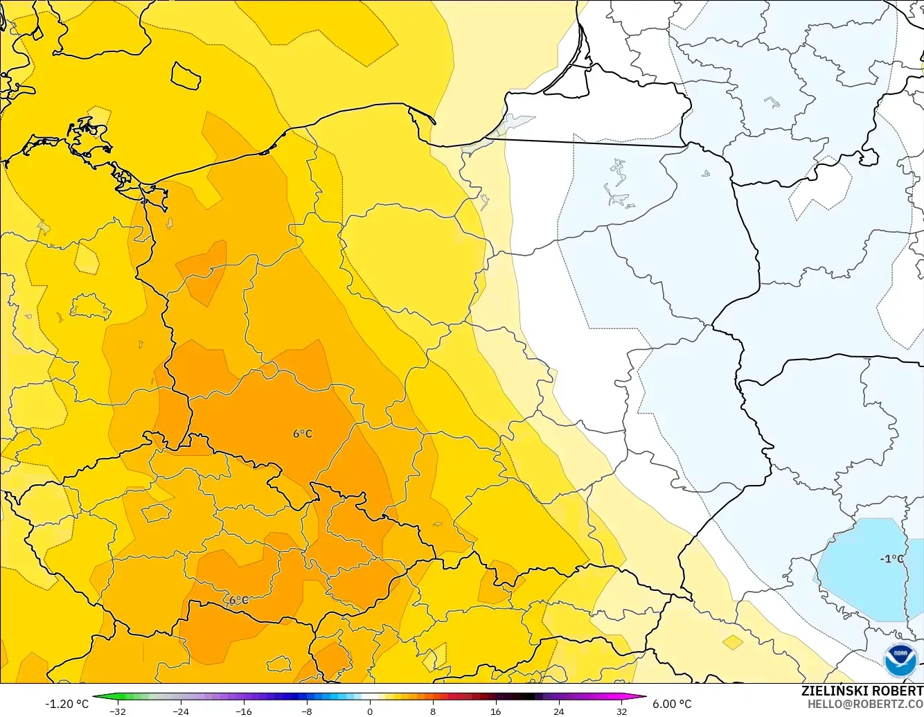 GFS model - Poland, Anomali Suhu 850 hPa