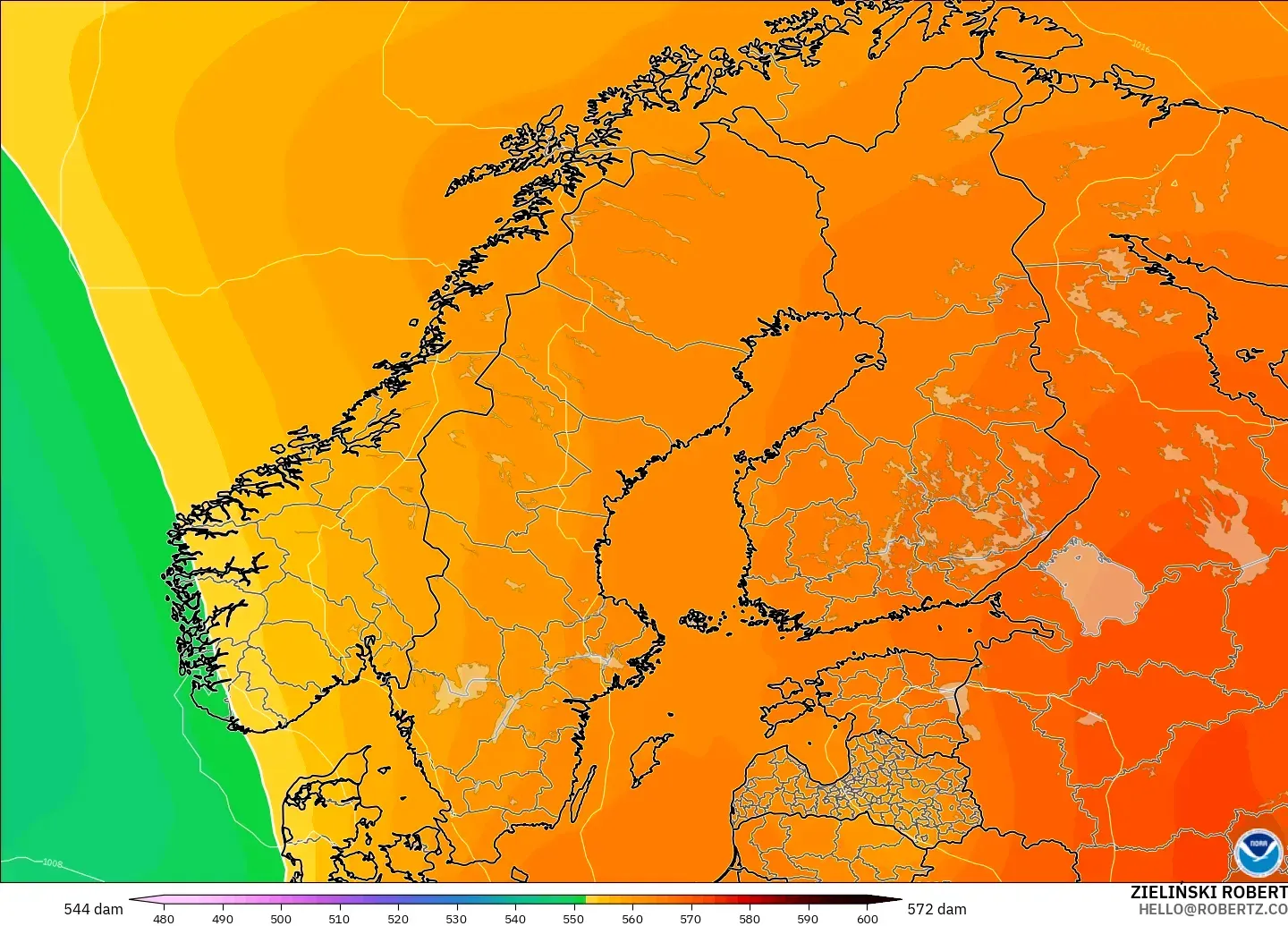 GFS model - Skandinavia, Ketinggian geopotensial pada 500 hPa