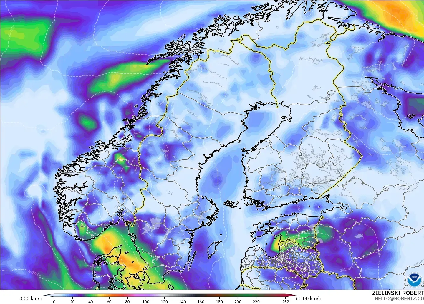 GFS model - Skandinavia, Hembusan Angin