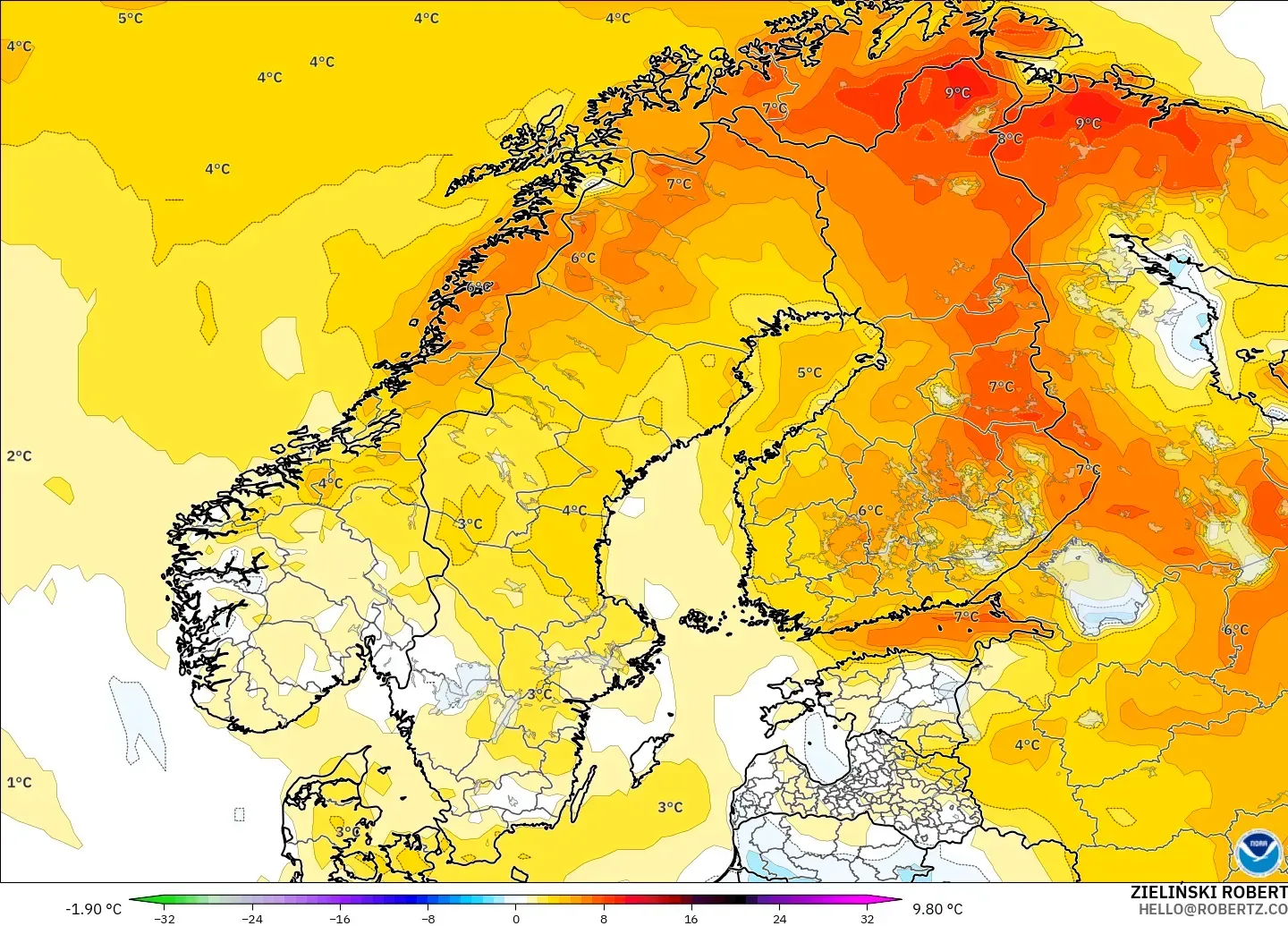 GFS model - Skandinavia, Anomali Suhu 2 m