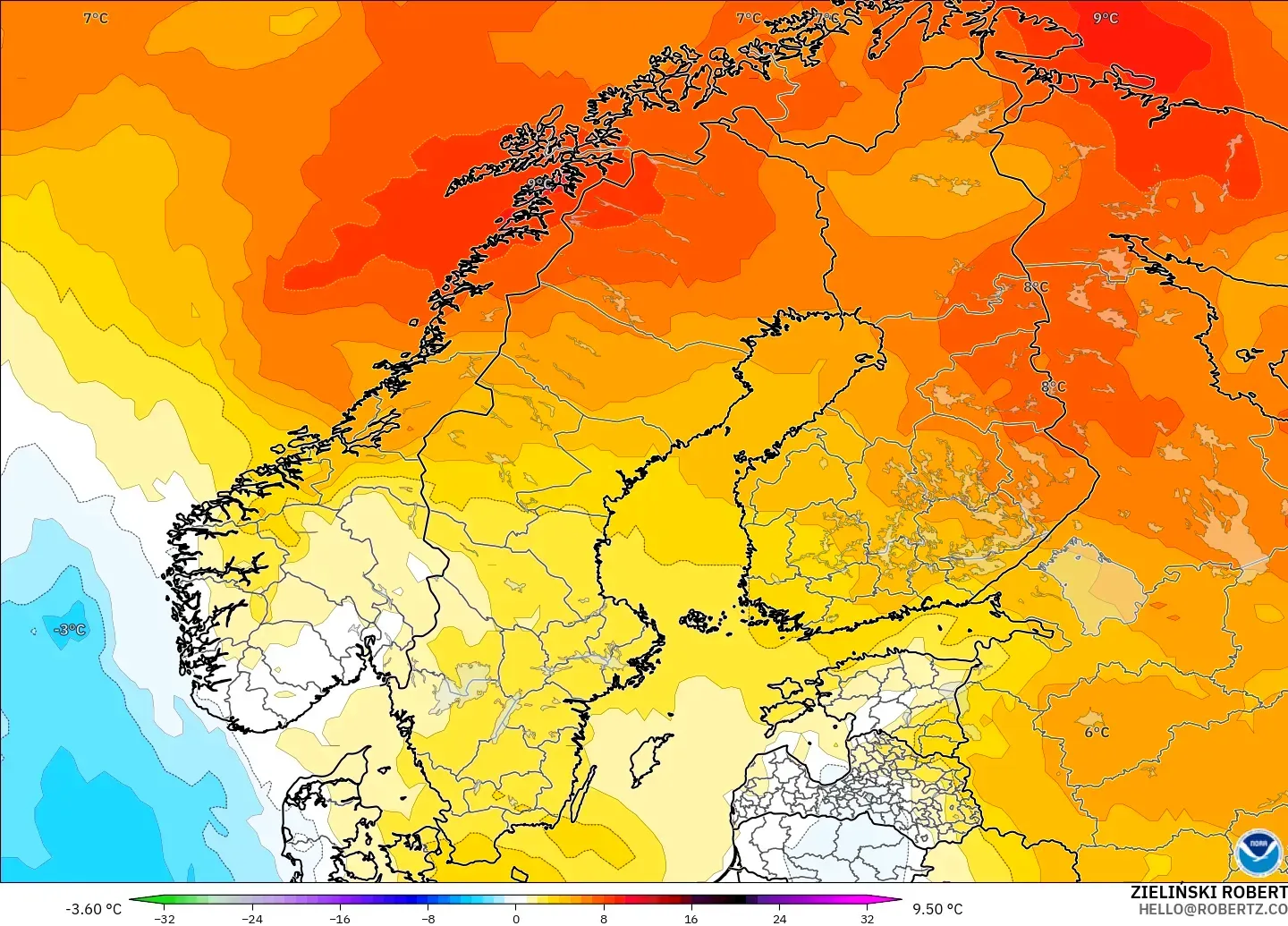 GFS model - Skandinavia, Anomali Suhu 850 hPa