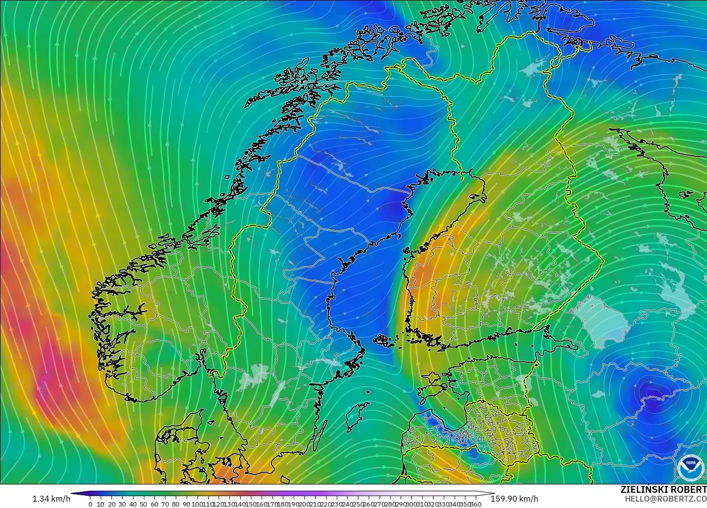 GFS model - Skandinavia, Angin 300 hPa (aliran jet)