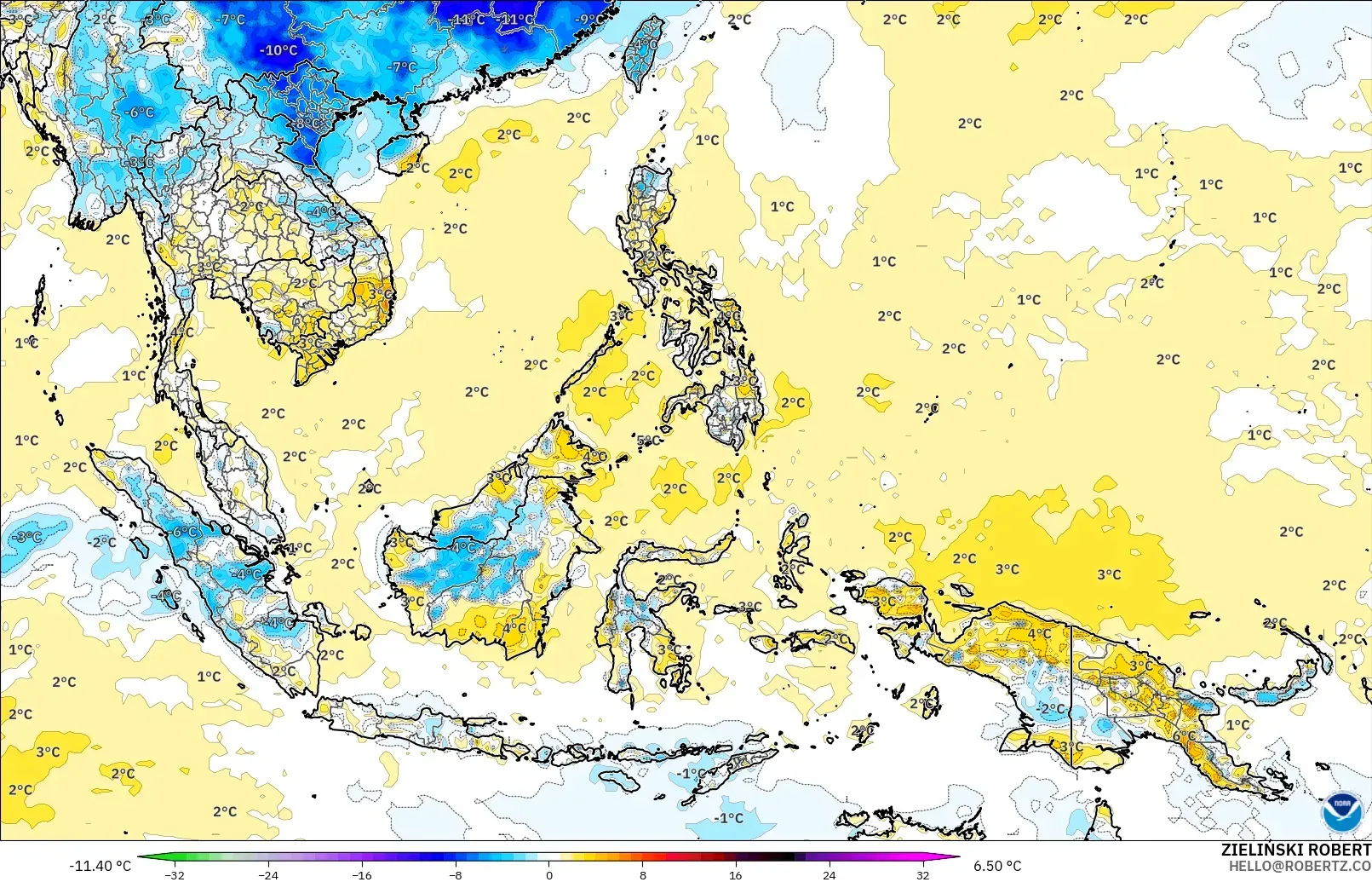 GFS model - Asia Tenggara, Anomali Suhu 2 m