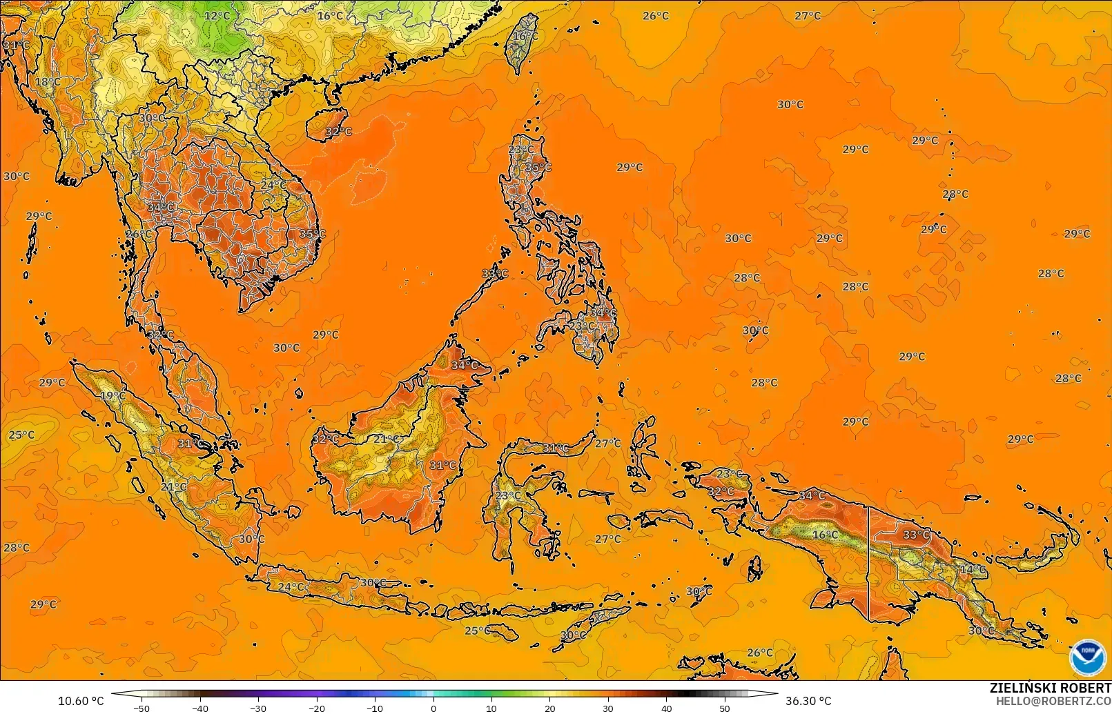 GFS model - Asia Tenggara, Suhu pada 2 m
