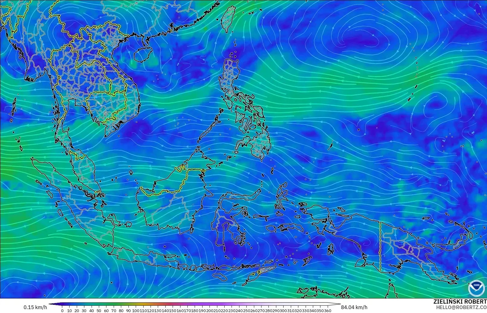 GFS model - Asia Tenggara, Angin 300 hPa (aliran jet)