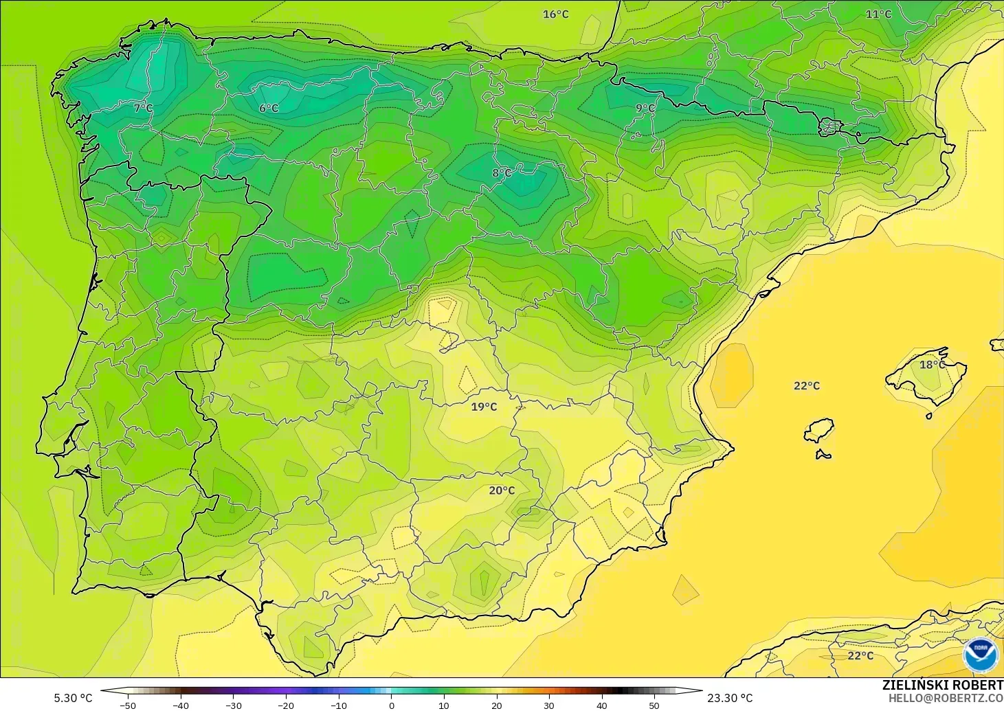 GFS model - Sepanyol, Suhu pada 2 m