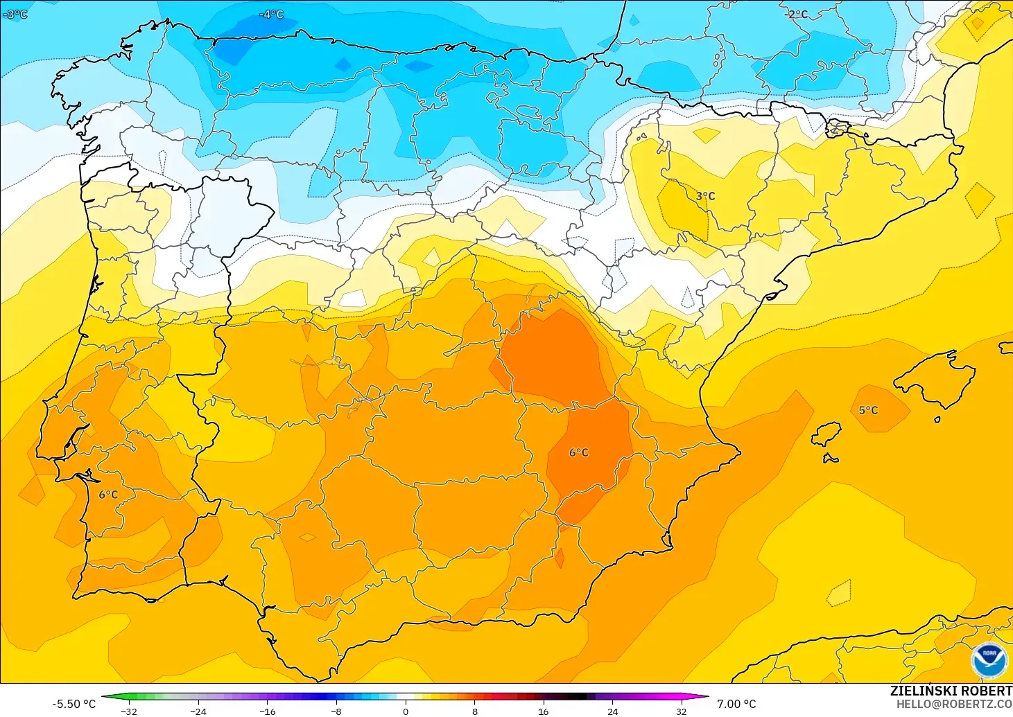 GFS model - Sepanyol, Anomali Suhu 850 hPa