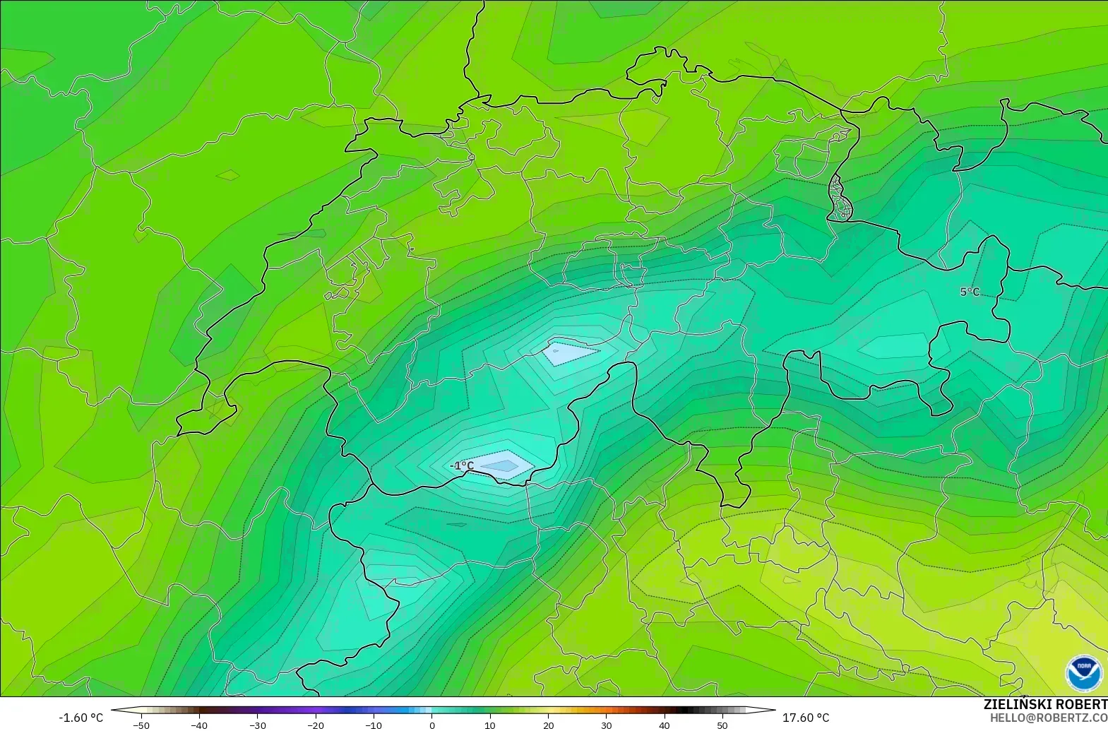 GFS model - Switzerland, Takat Embun 2 m