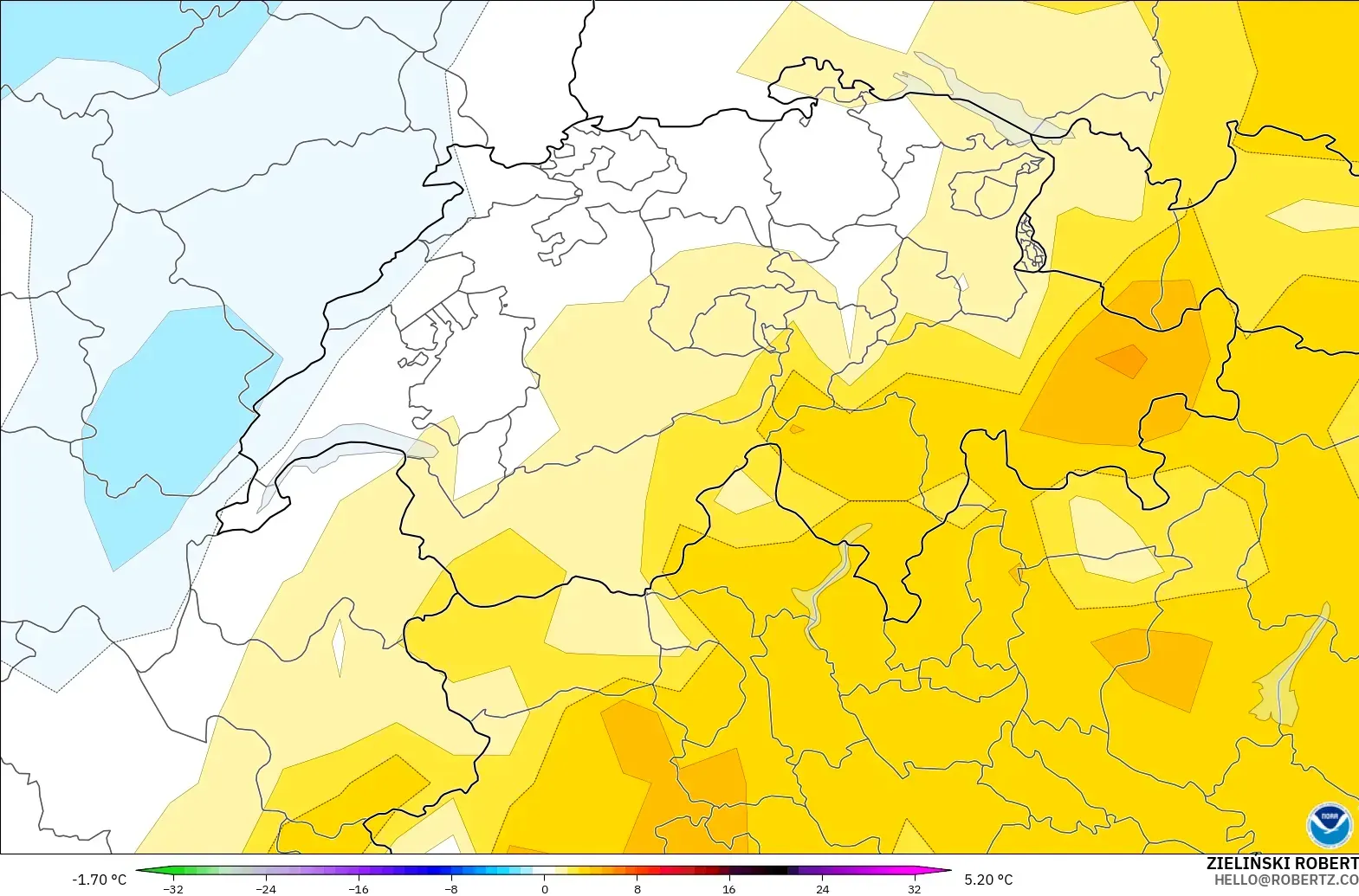 GFS model - Switzerland, Anomali Suhu 850 hPa