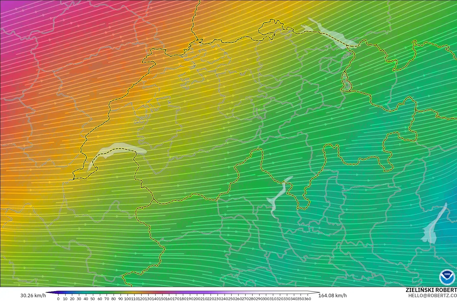 GFS model - Switzerland, Angin 300 hPa (aliran jet)
