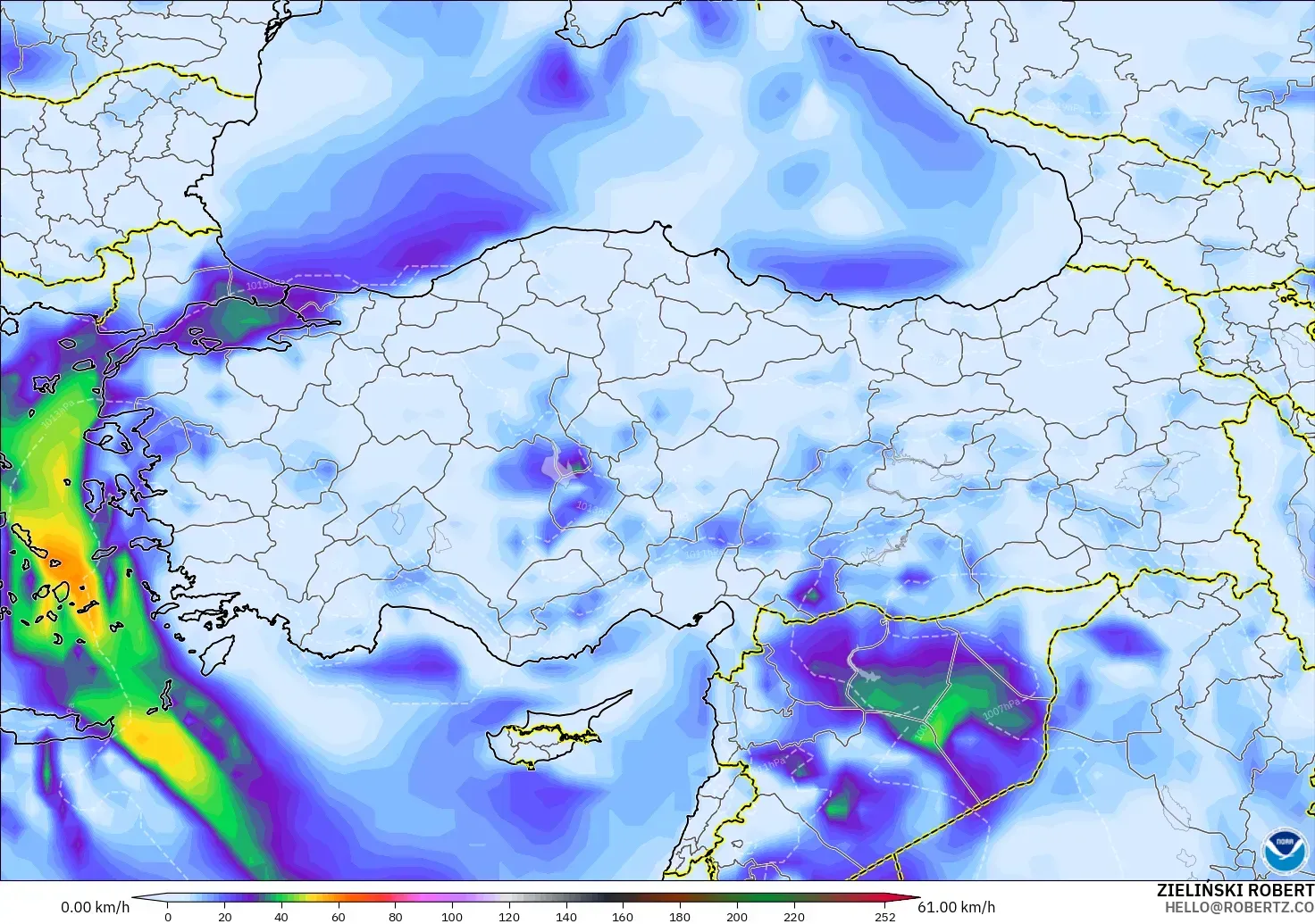 GFS model - Turki, Hembusan Tertinggi