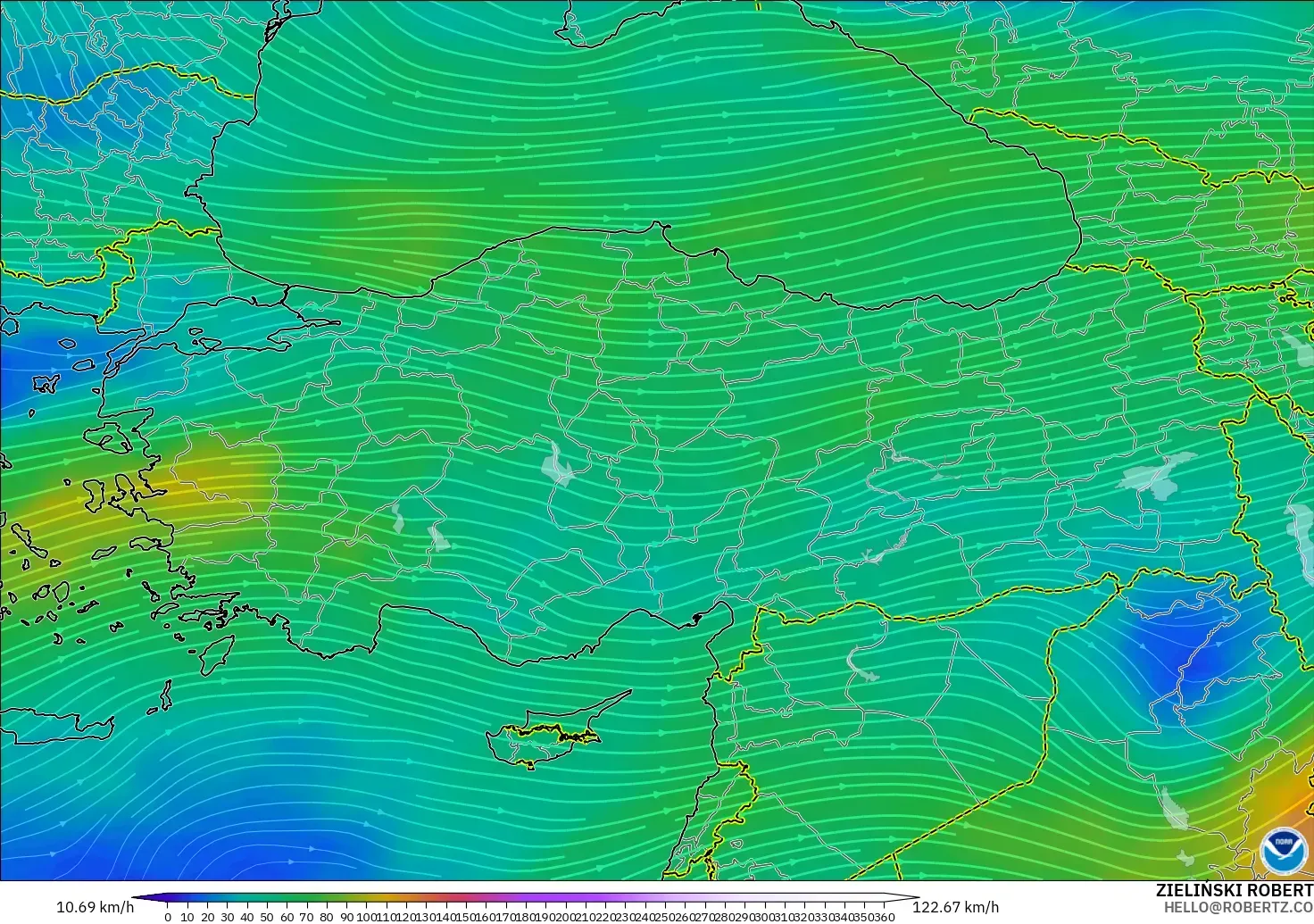 GFS model - Turki, Angin 300 hPa (aliran jet)