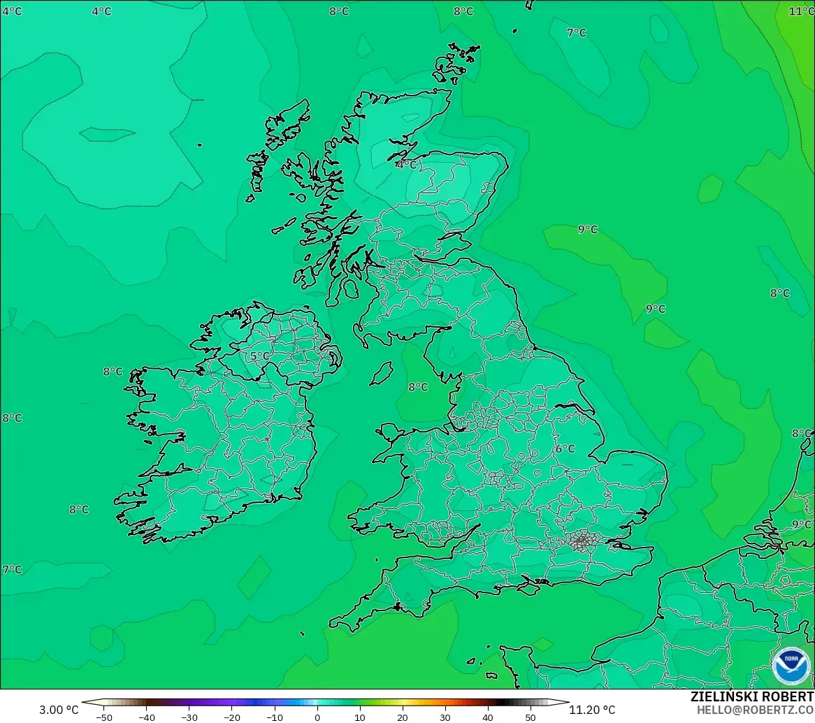 GFS model - United Kingdom, Takat Embun 2 m