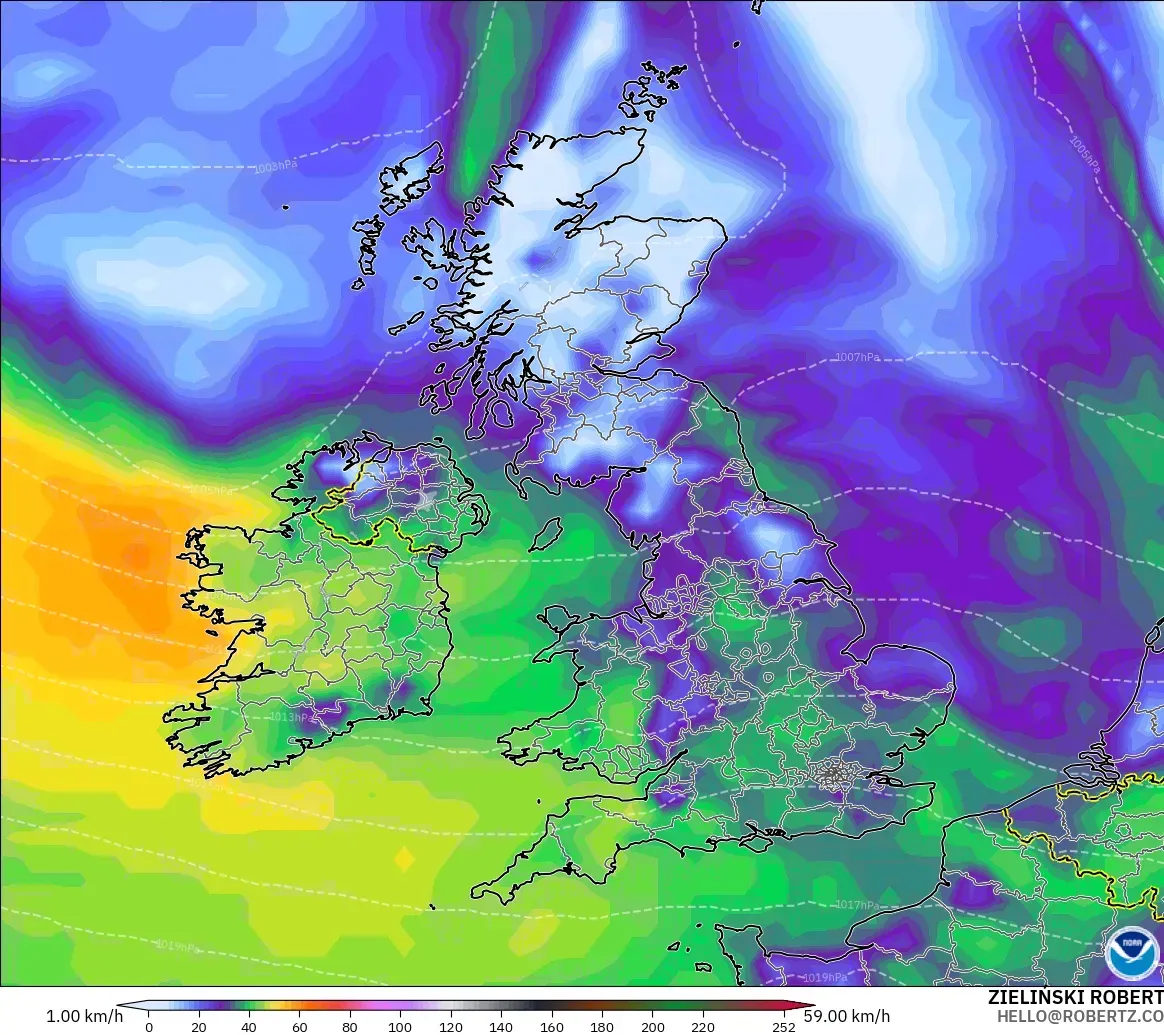 GFS model - United Kingdom, Hembusan Tertinggi