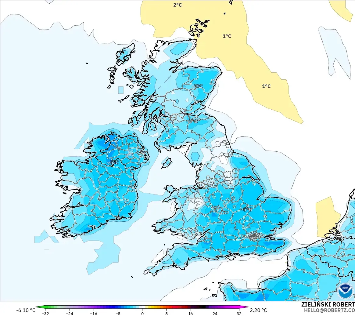 GFS model - United Kingdom, Anomali Suhu 2 m
