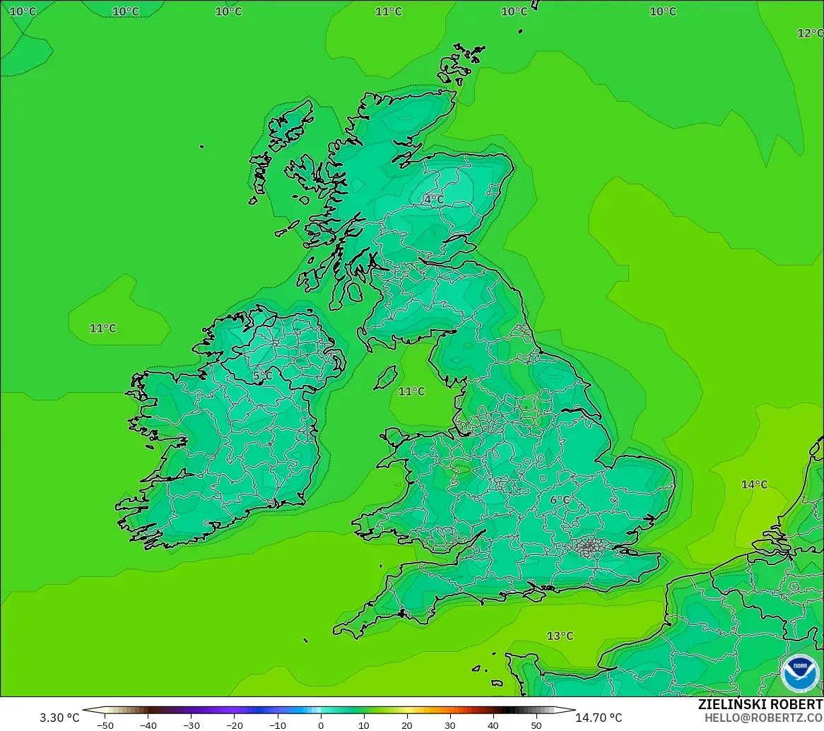 GFS model - United Kingdom, Suhu pada 2 m