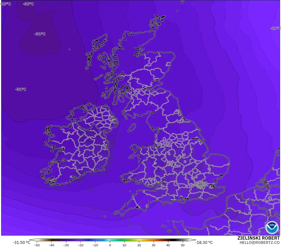 GFS model - United Kingdom, Suhu 500 hPa