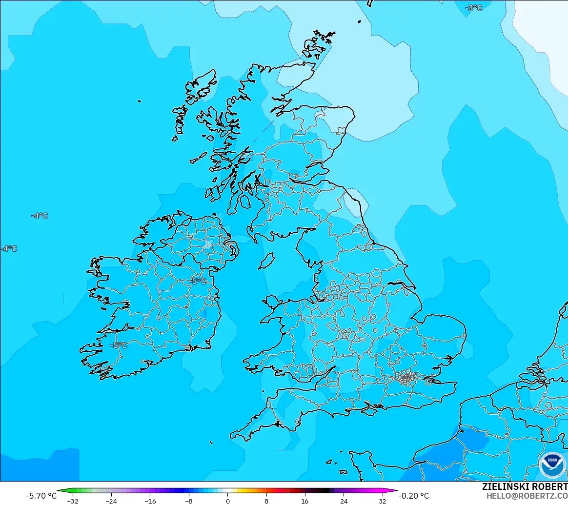 GFS model - United Kingdom, Anomali Suhu 850 hPa