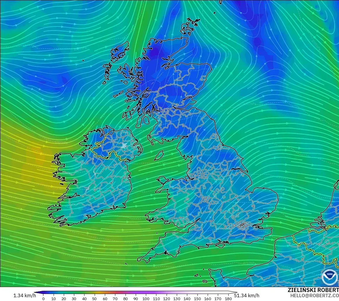 GFS model - United Kingdom, Angin 10 m
