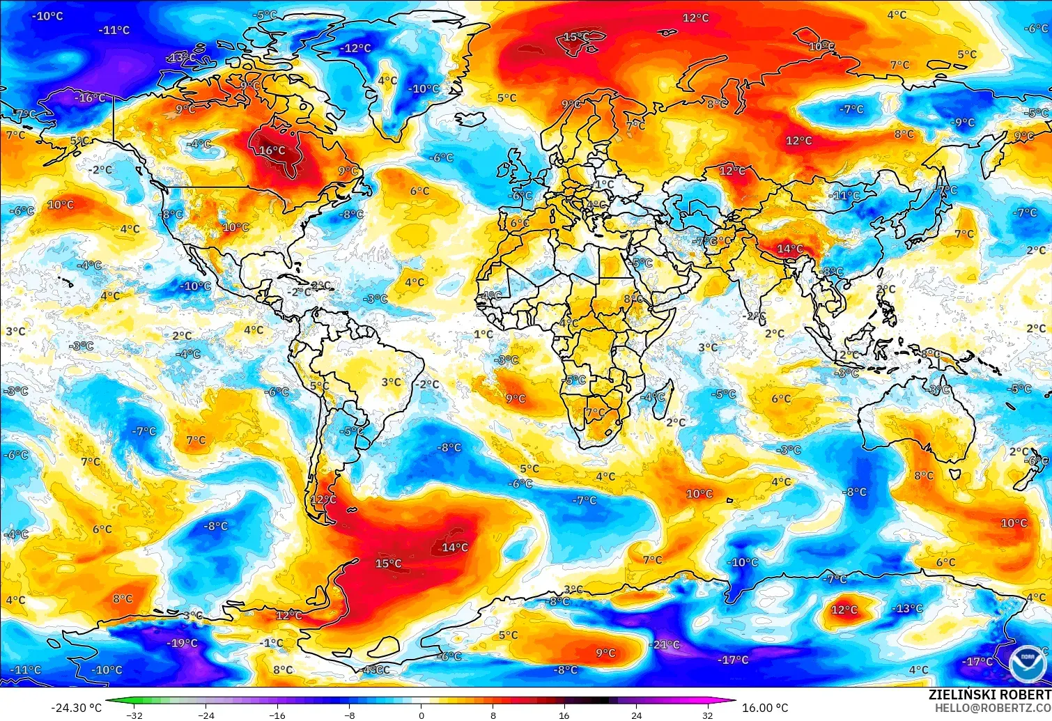 GFS model - Dunia, Anomali Suhu 850 hPa