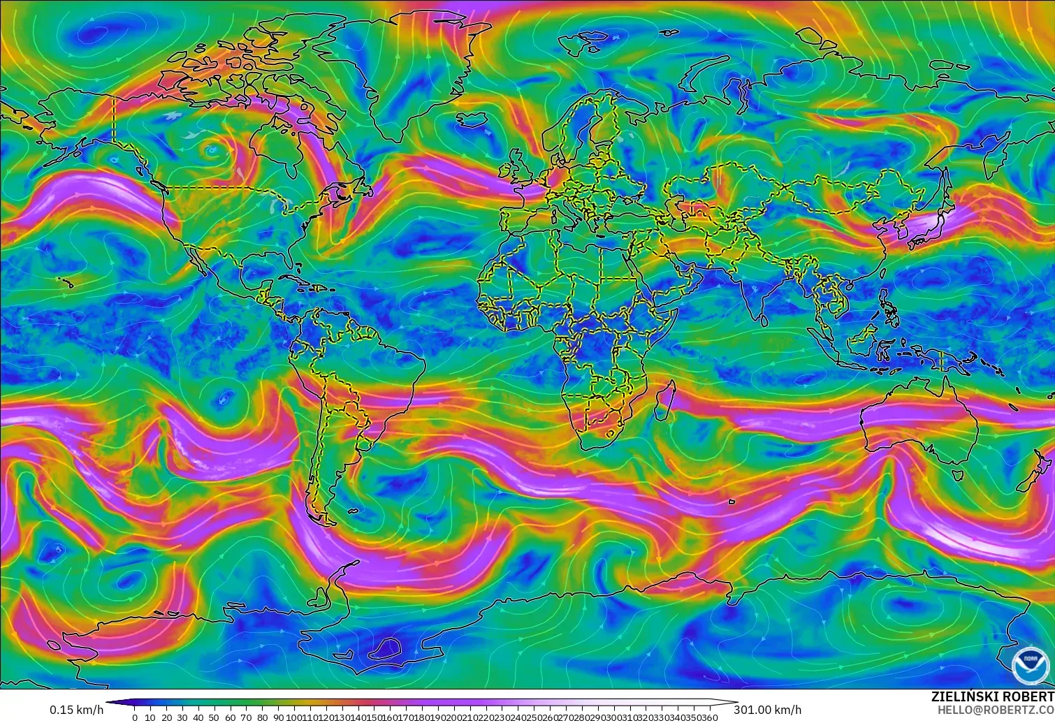 GFS model - Dunia, Angin 300 hPa (aliran jet)
