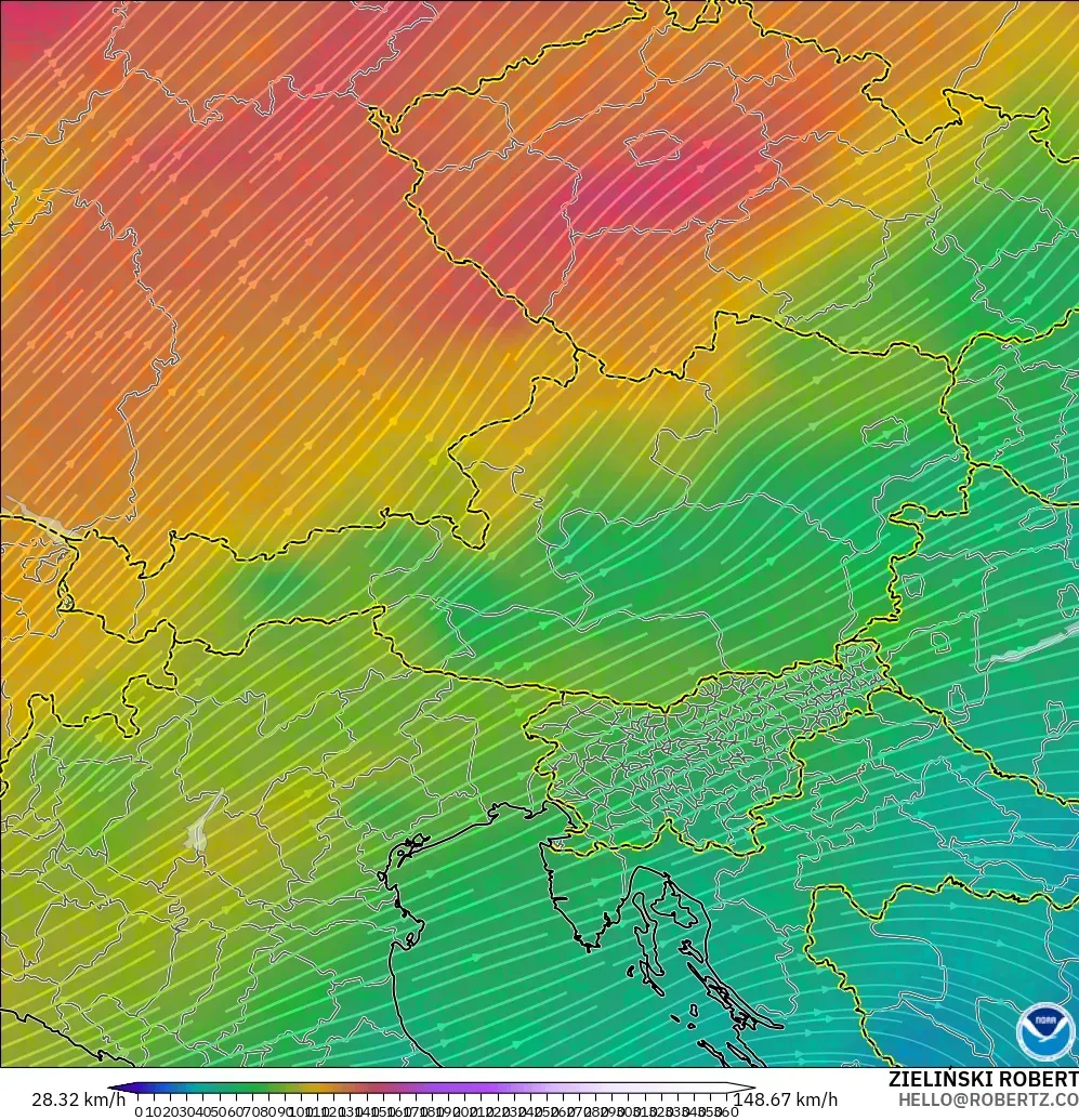 GFS model - Austria, Wind at 300hPa (jet stream)