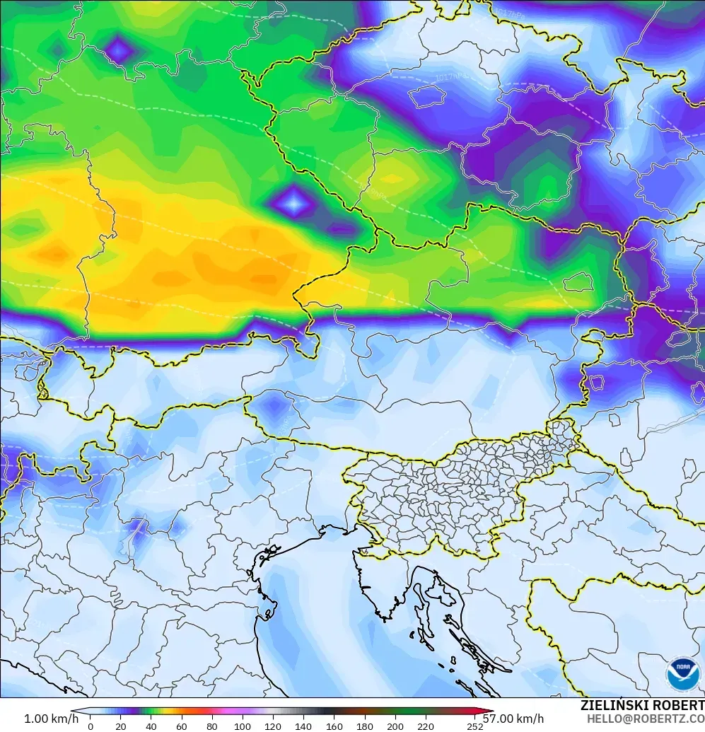 GFS model - Austria, Wind Gusts Peak