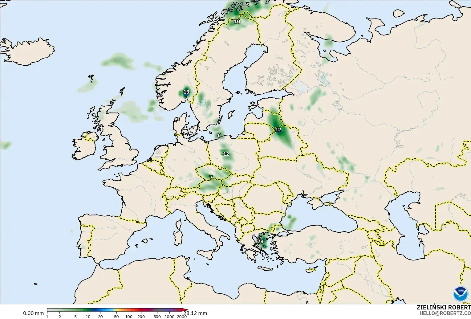 GFS model - Europe, Precipitation Accumulation