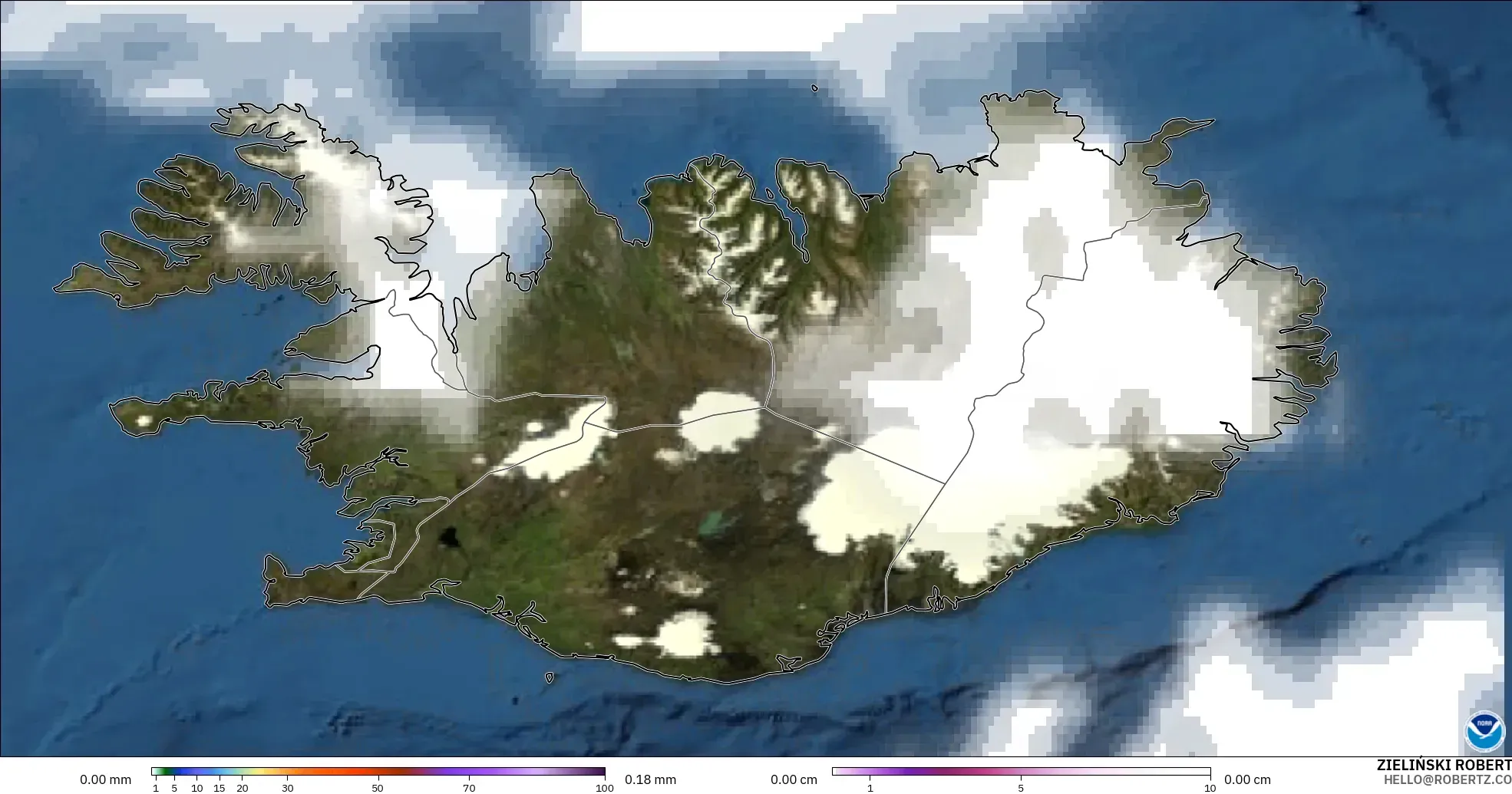 GFS model - Iceland, Precipitation, Clouds, and Pressure