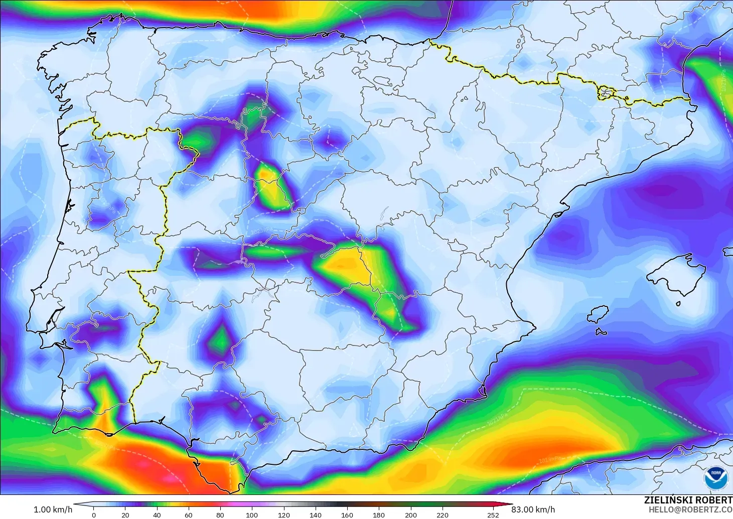 GFS model - Spain, Wind Gusts Peak