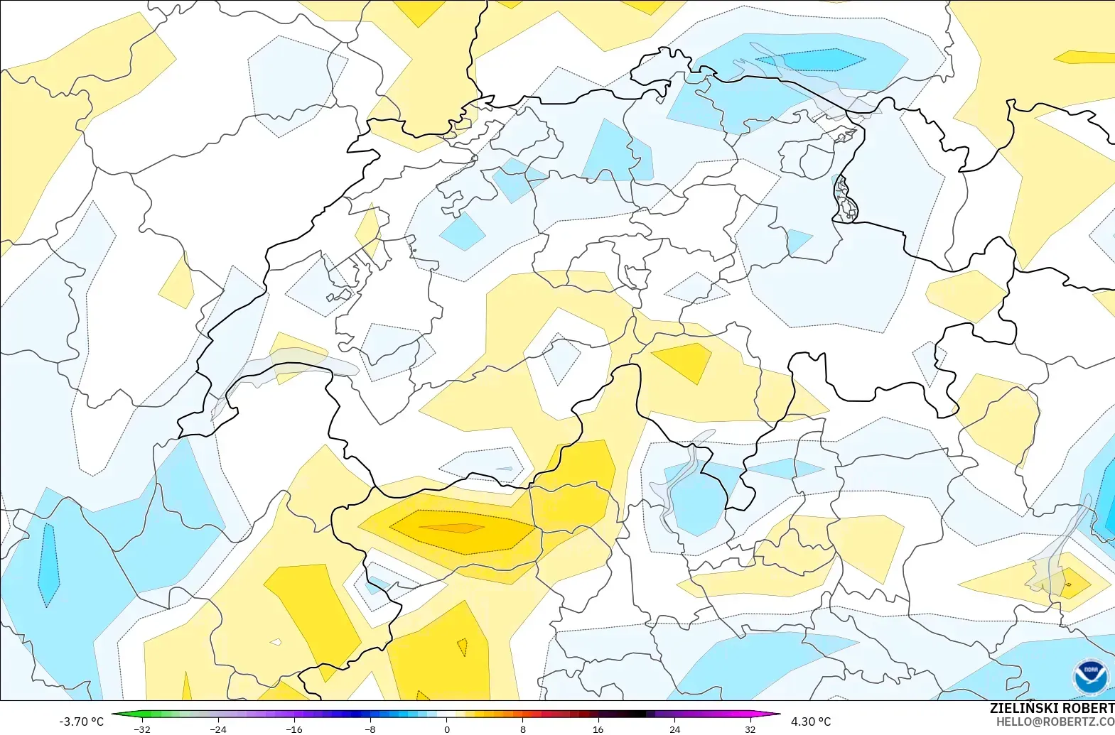 GFS model - Switzerland, Temperature at 2m Anomaly