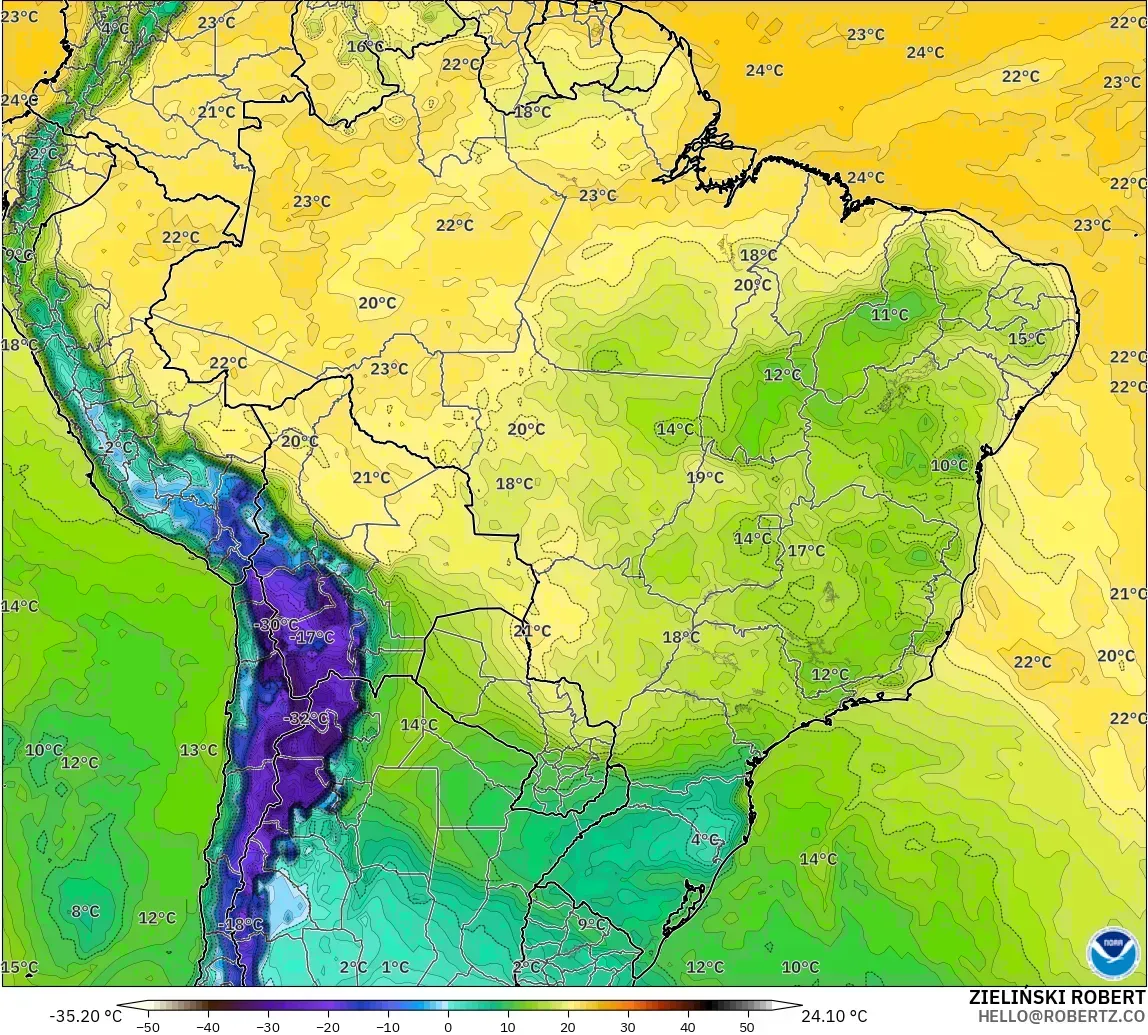 GFS model - Brazil, Dewpoint at 2m