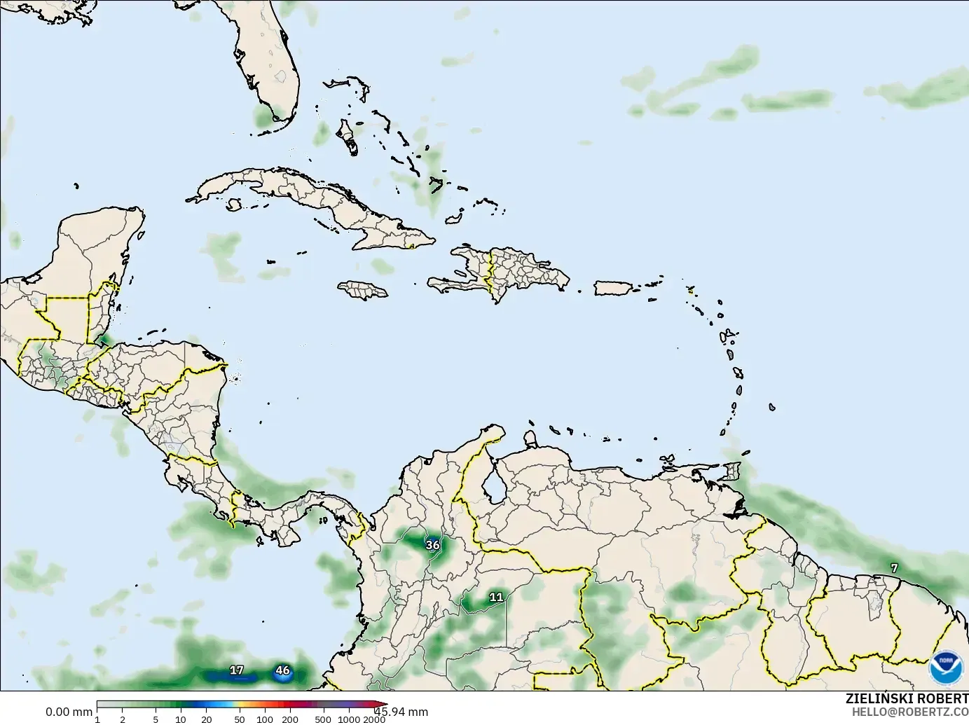 GFS model - Caribbean, Precipitation Accumulation