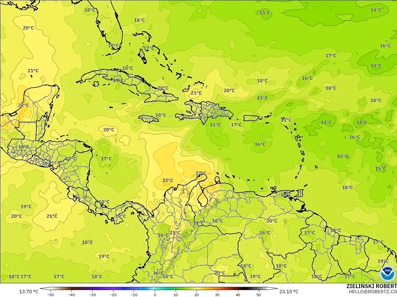 GFS model - Caribbean, Temperature at 850hPa