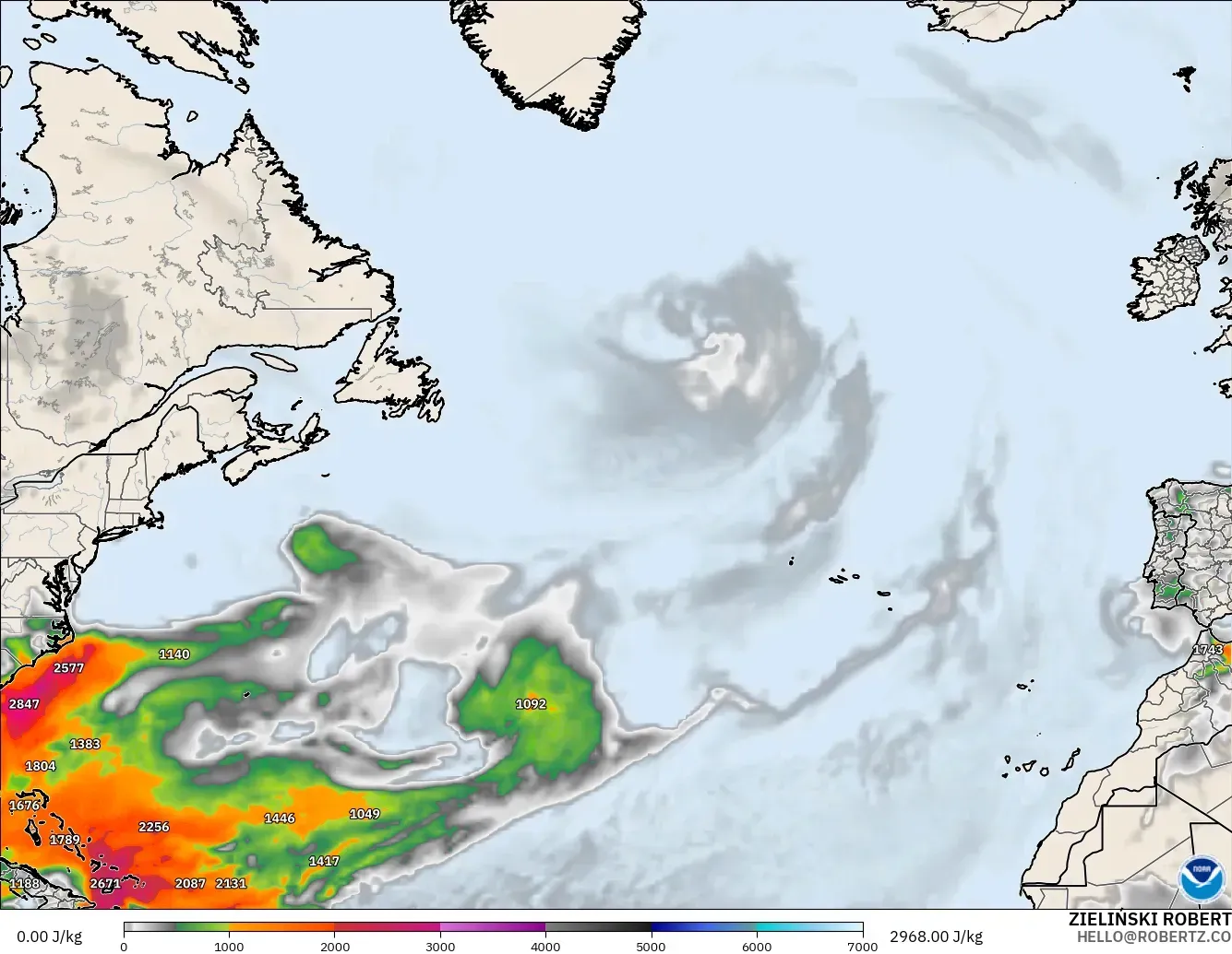 GFS model - North Atlantic, CAPE