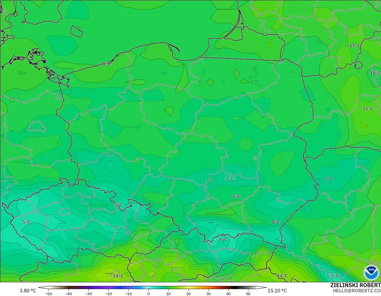 GFS model - Poland, Dewpoint at 2m