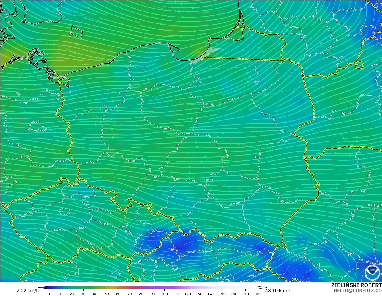 GFS model - Poland, Wind at 10m