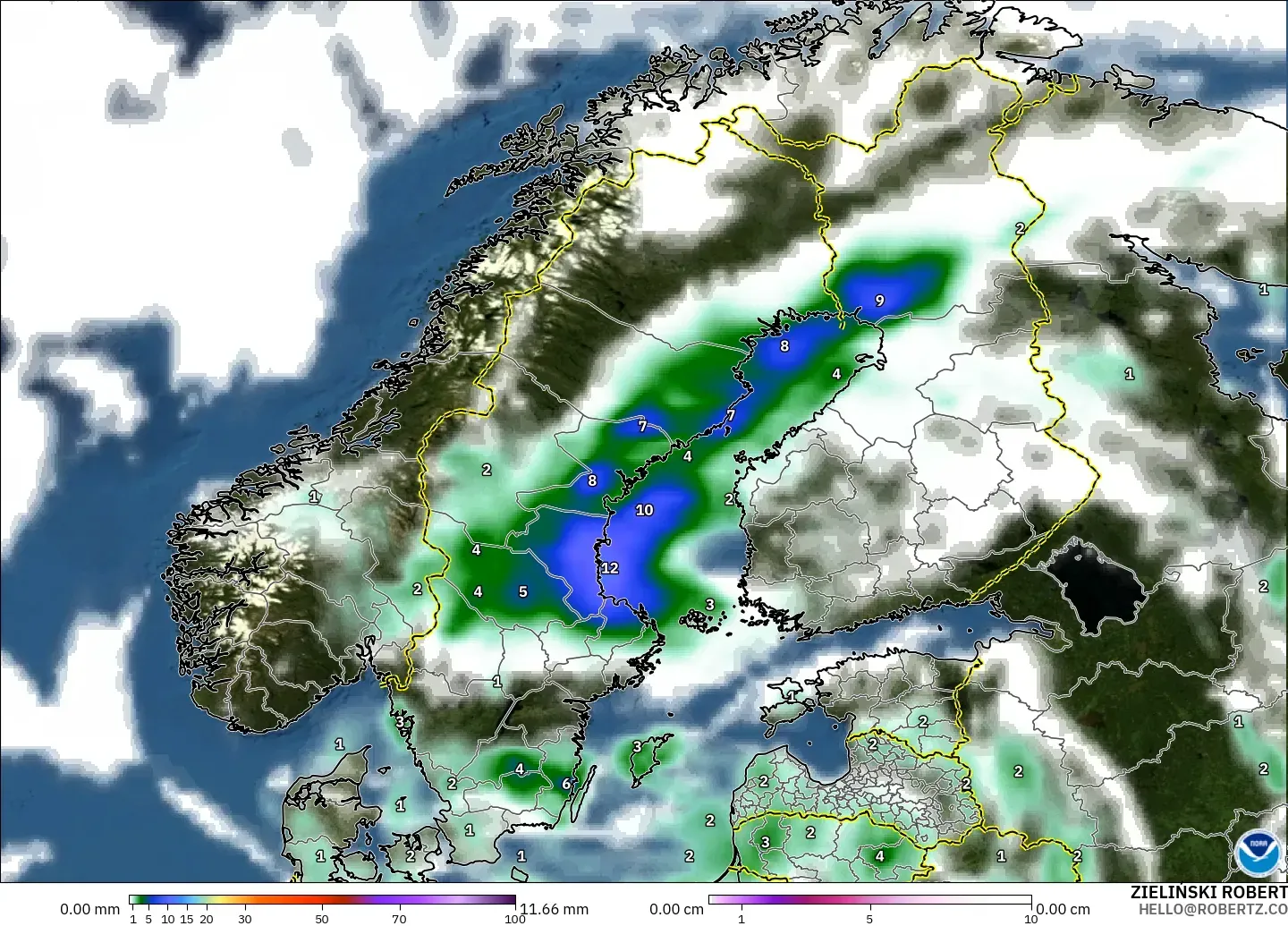 GFS model - Scandinavia, Precipitation, Clouds, and Pressure