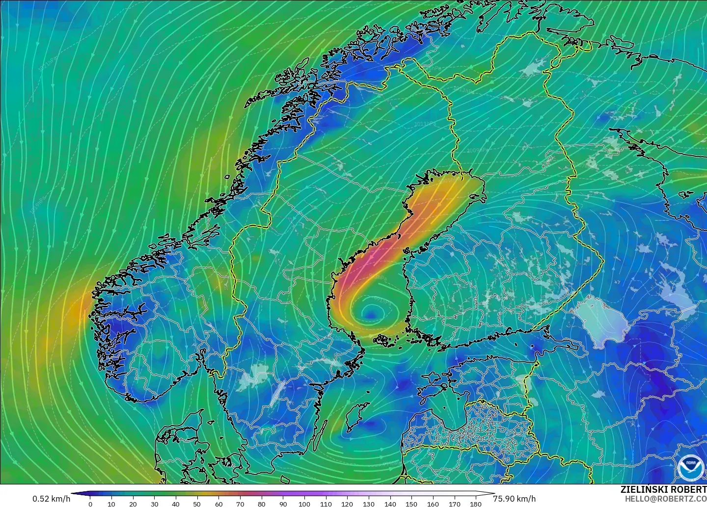 GFS model - Scandinavia, Wind at 10m